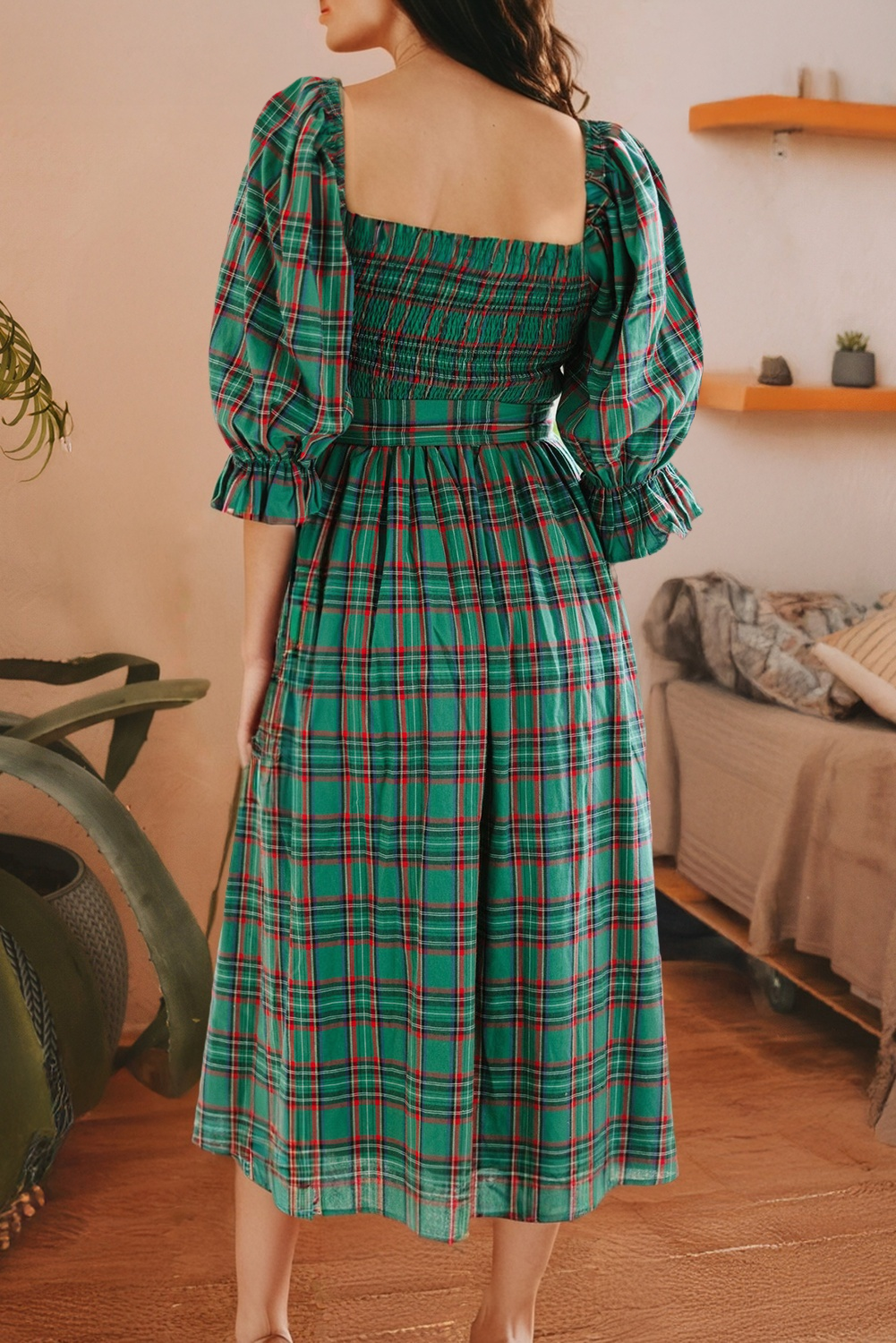 Plaid Square Neck Puff Sleeve Knot Waist Flared Dress: Red
