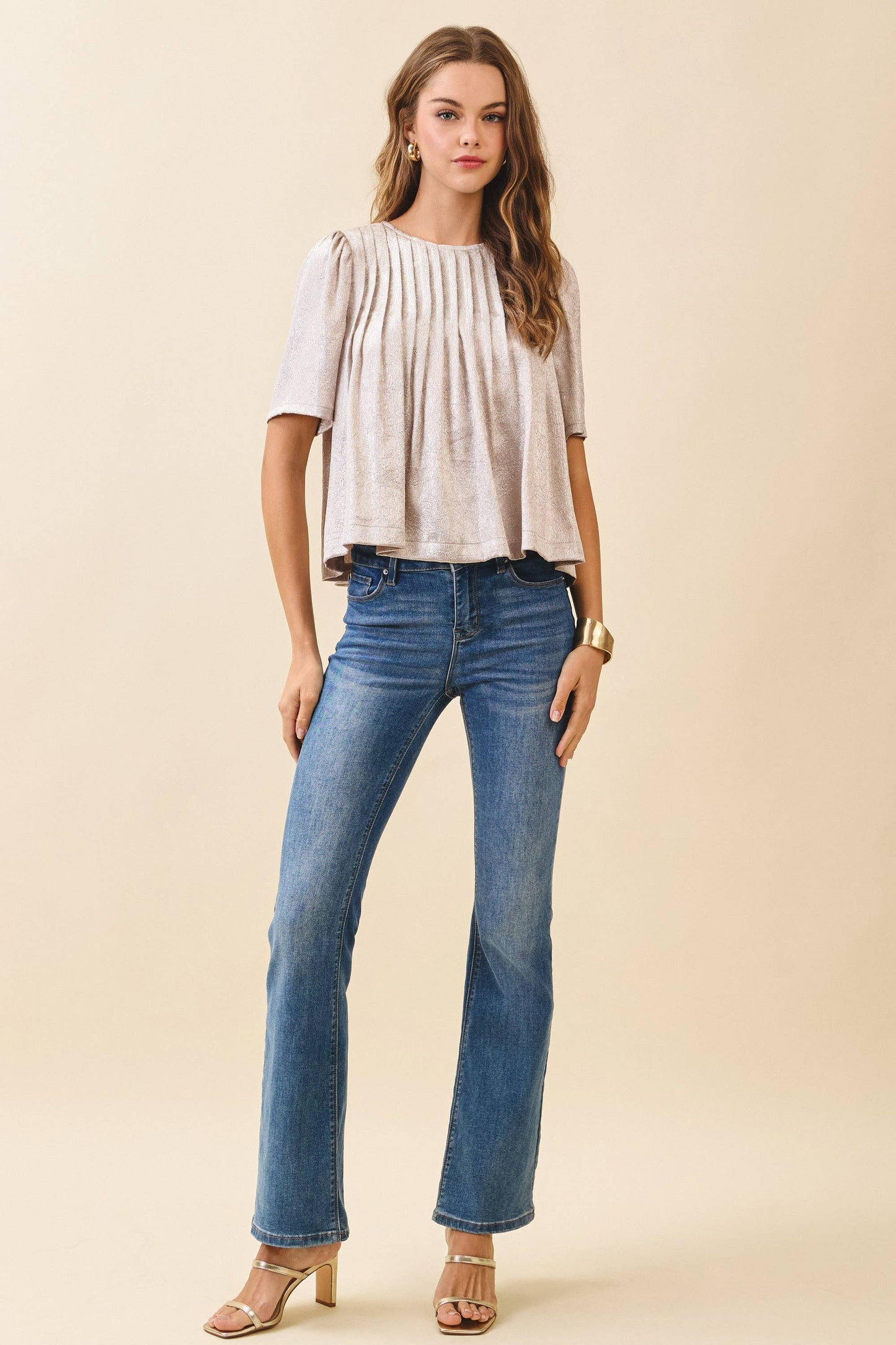Silver Pleated Detail Round Neck Short Metallic Top