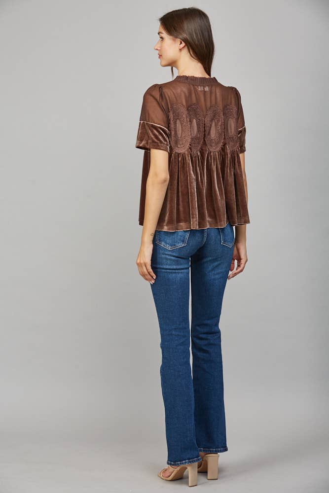 LACE DETAIL VELVET BABYDOLL TOP: WOODROSE