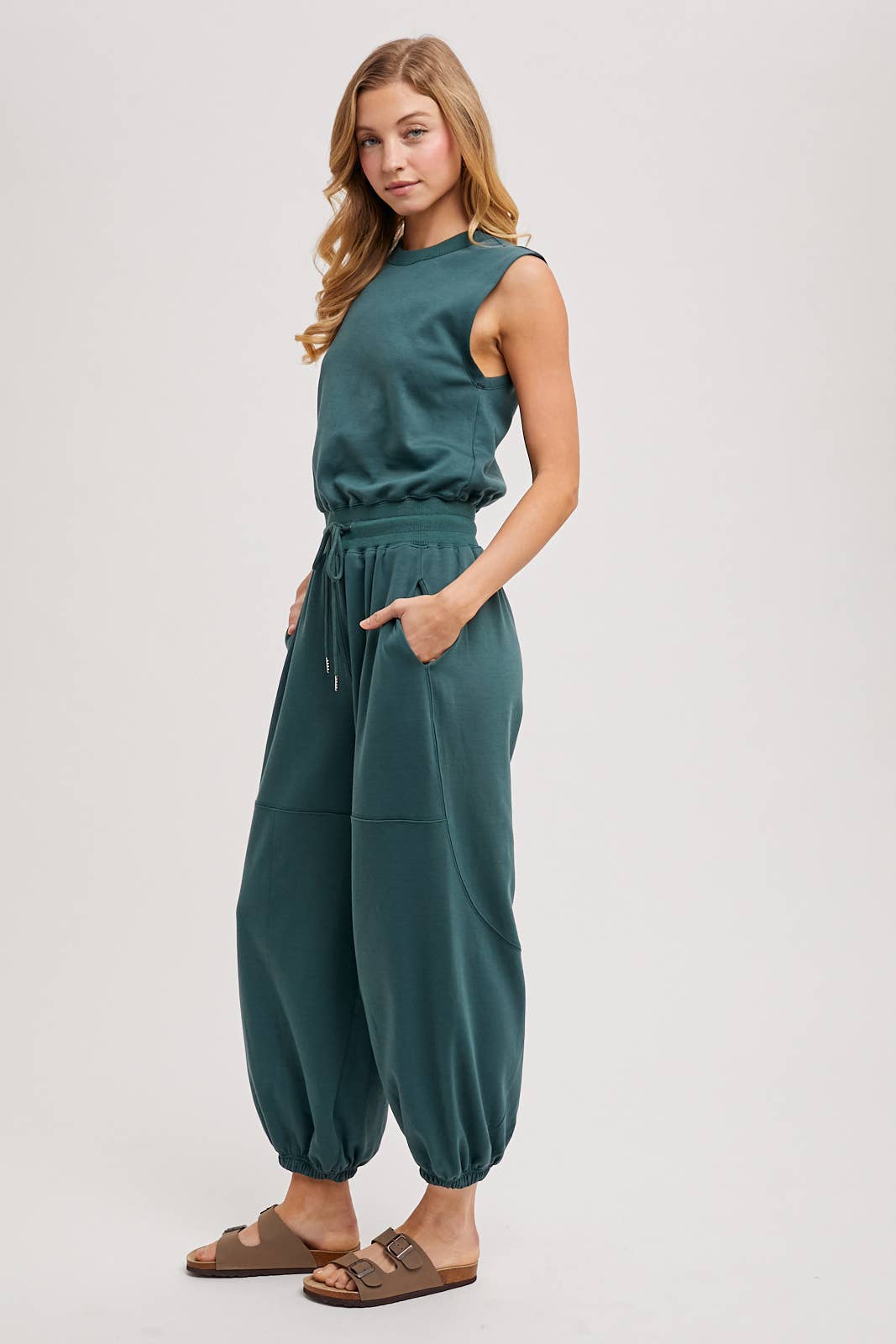 DRAWSTRING WAIST SLEEVELESS KNIT ACTIVE JUMPSUIT: ASH