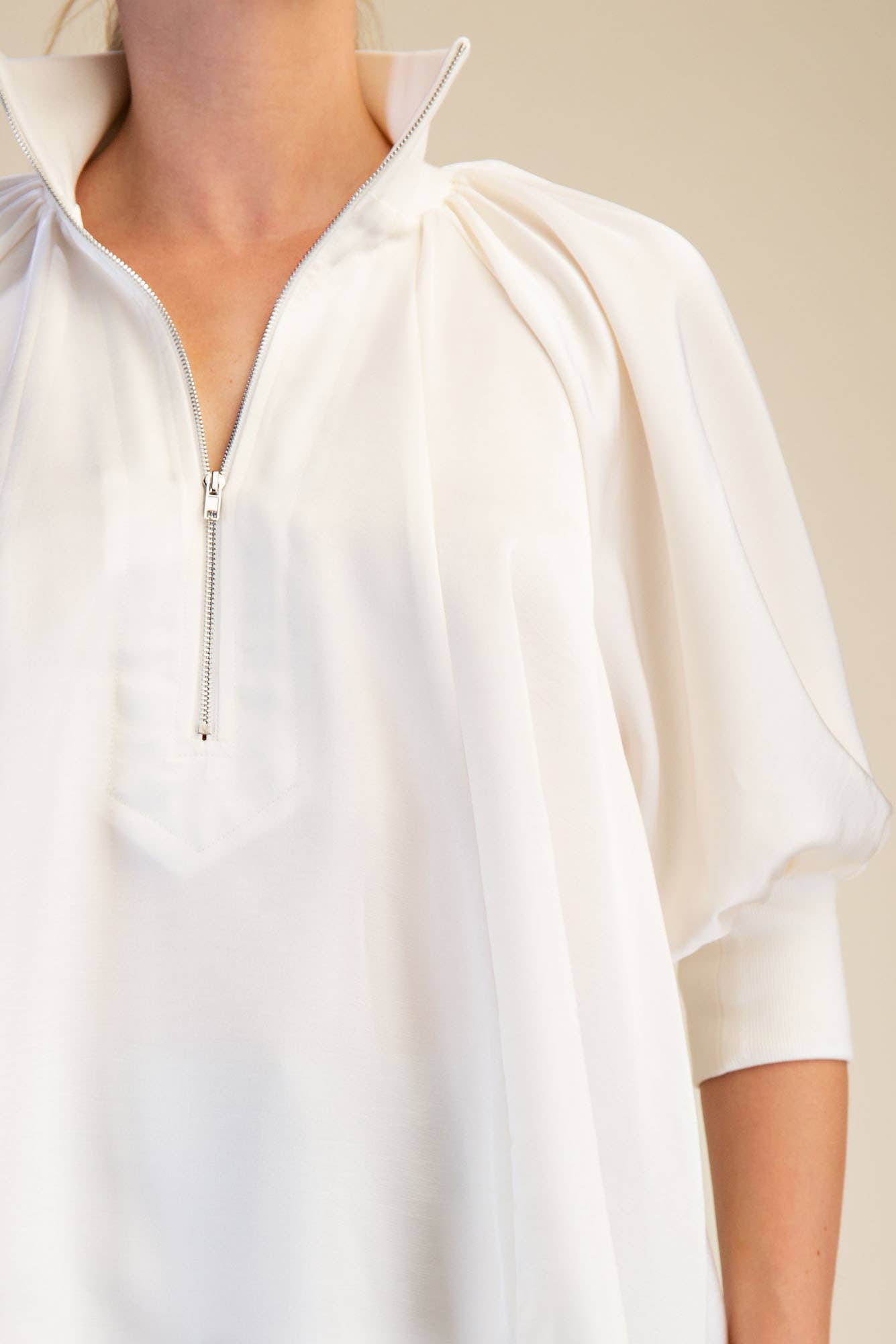 Mock Neck Band Puff Sleeve Elegance Blouse: Light Pink