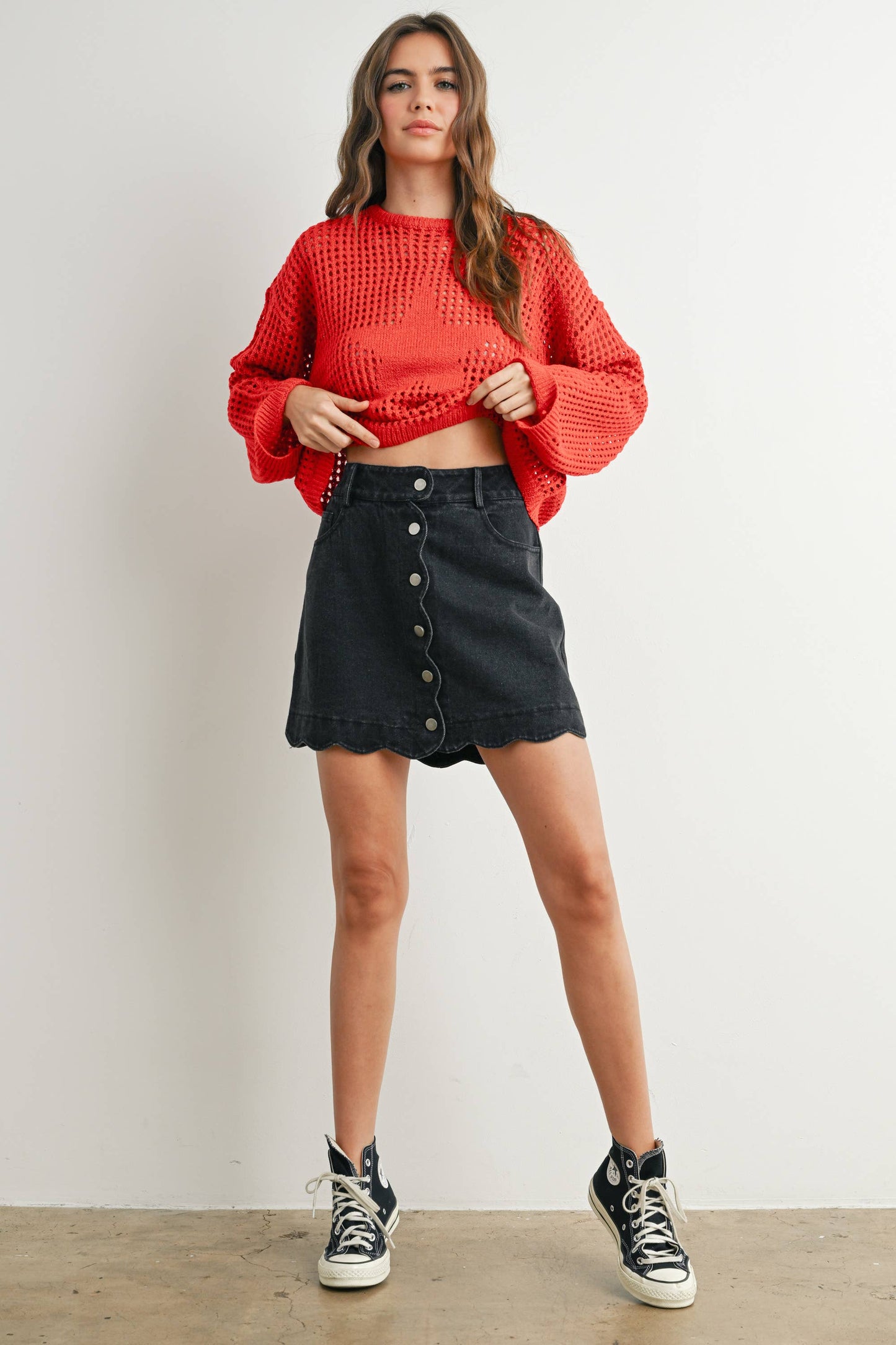 Buttoned Scallop Denim Skirt - DENIM