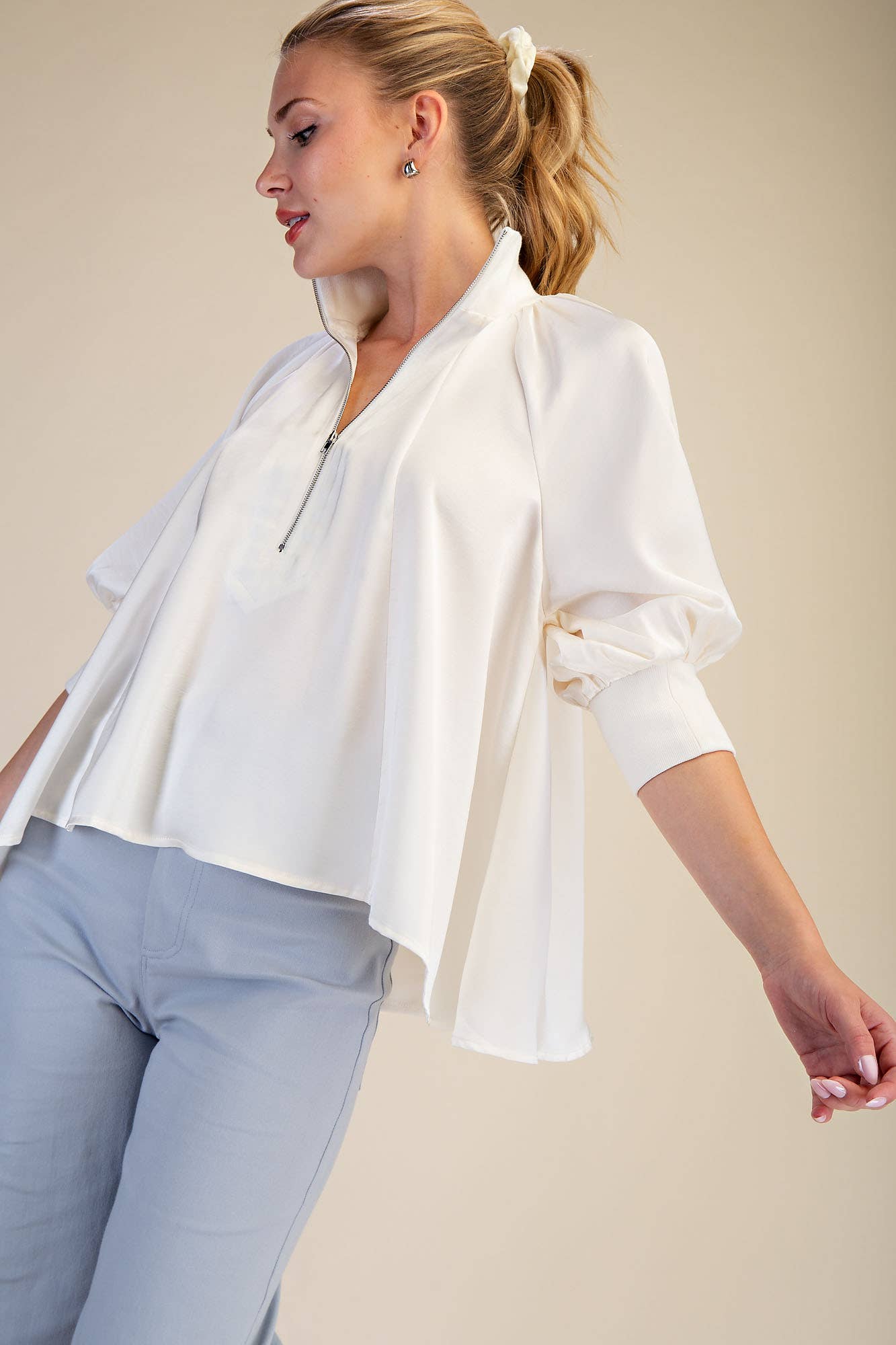 Mock Neck Band Puff Sleeve Elegance Blouse: Light Pink