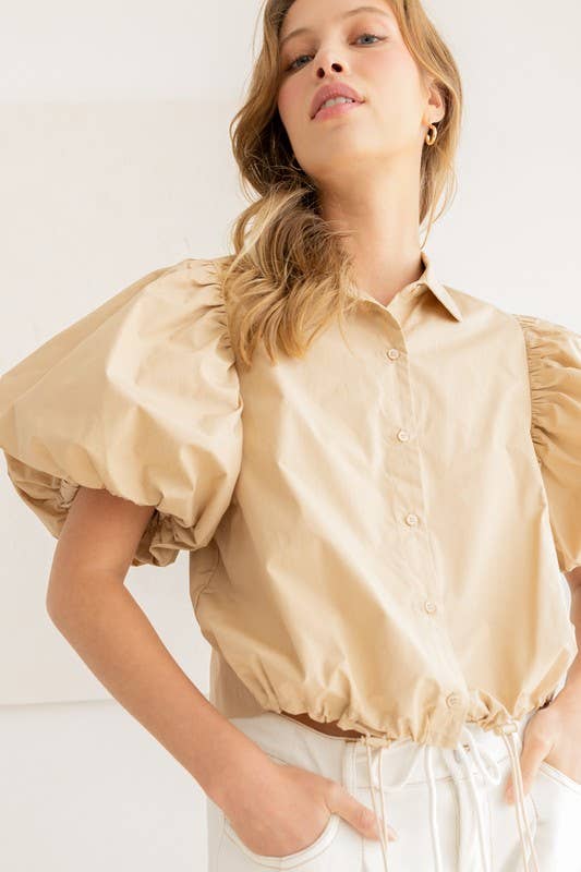 Drawstring Hem Puff Sleeve Blouse: LATTE