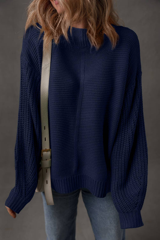 Solid Color Mix Texture Knit Front Seam Detail Sweater: Dirty blue