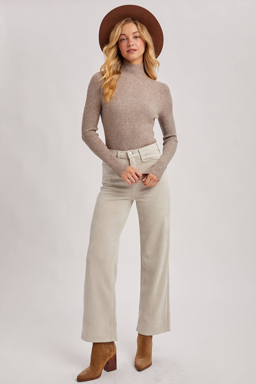 WHOLEGARMENT MOCK NECK RIBBED KNIT TOP: Black / L
