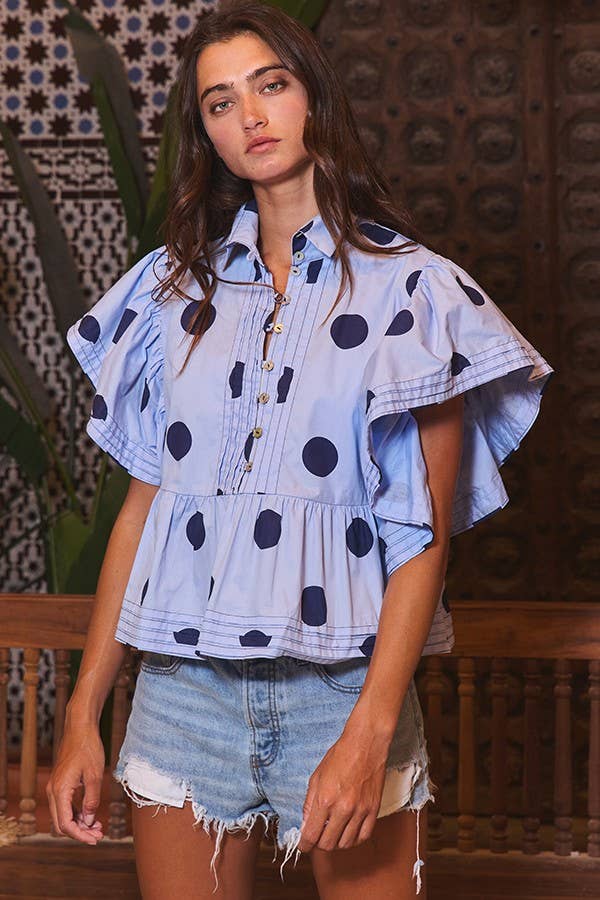 Ruffle Sleeves Pintuck Detail Polka Dot Print top: CREAM/BLACK