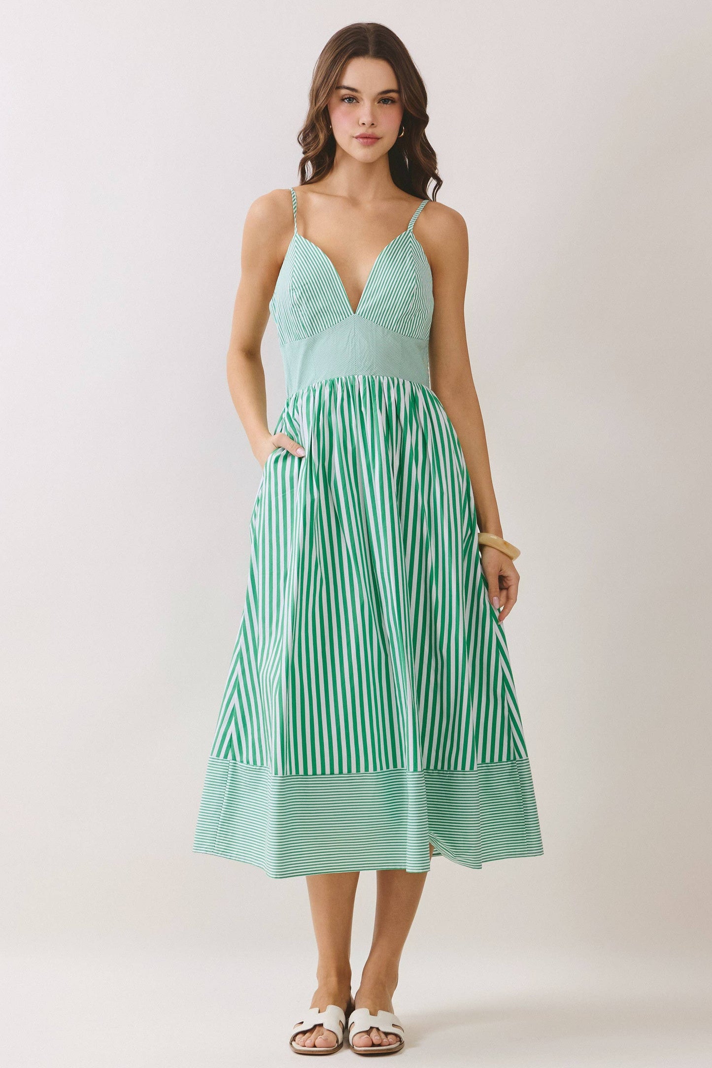 Stripe V Neck Slim Shoulder Straps Midi Dress: Green