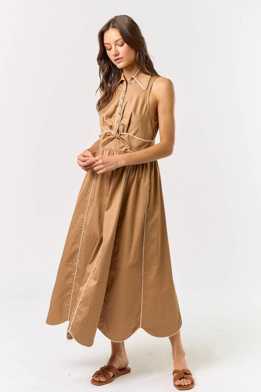 SLEEVELESS COLLARED BUTTON DOWN MAXI DRESS : TAUPE