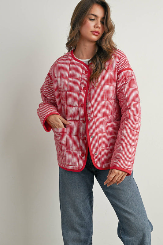 Buttoned Quilted Puffer Jacket -Red