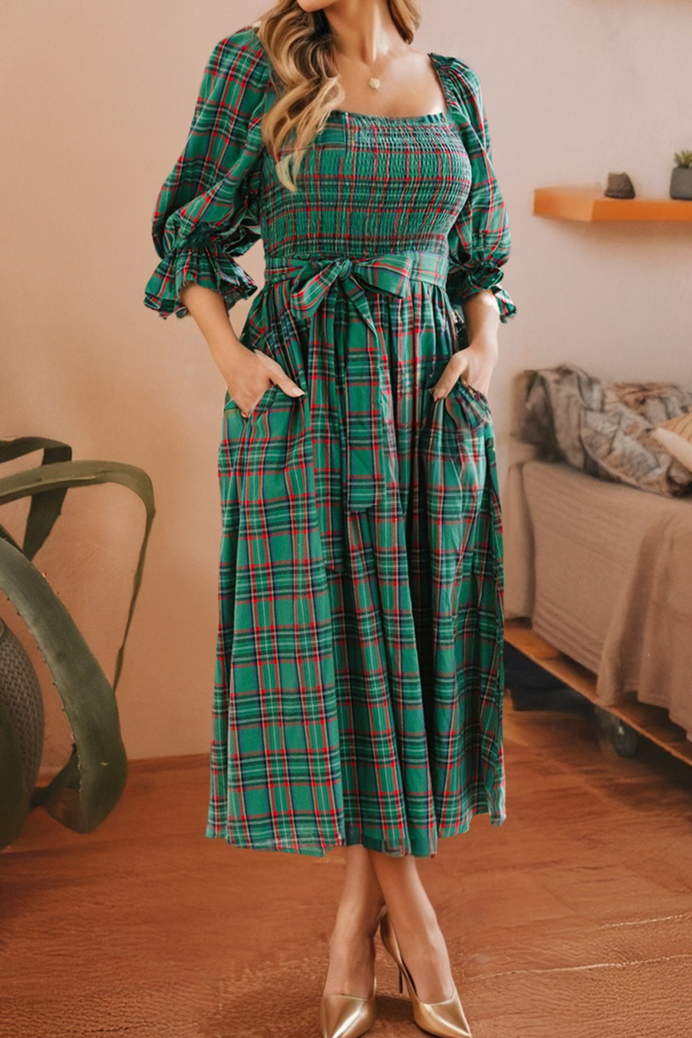Plaid Square Neck Puff Sleeve Knot Waist Flared Dress: Red
