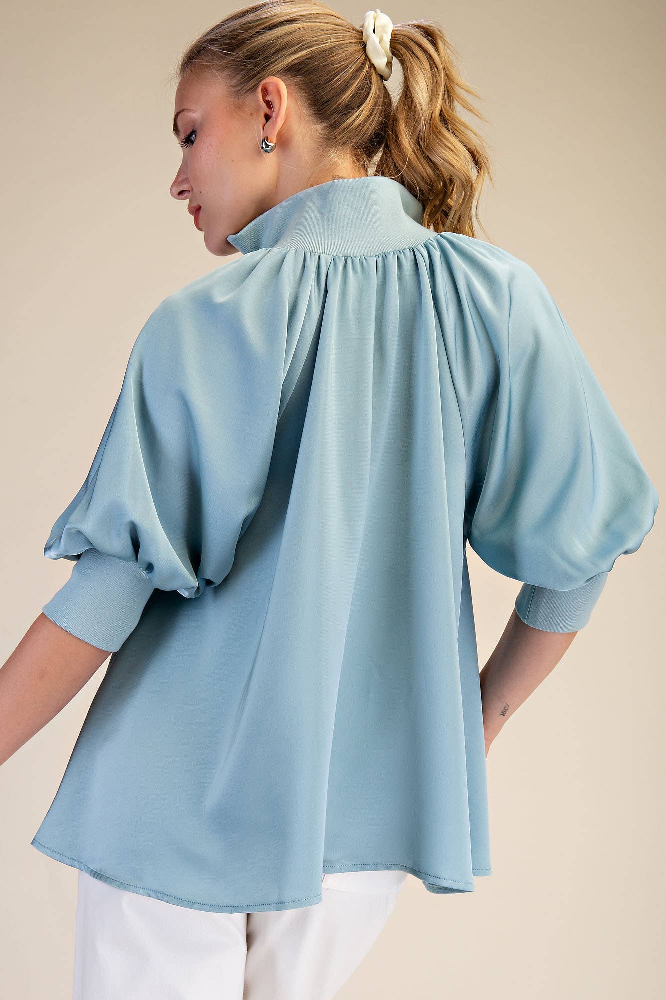 Mock Neck Band Puff Sleeve Elegance Blouse: Light Pink