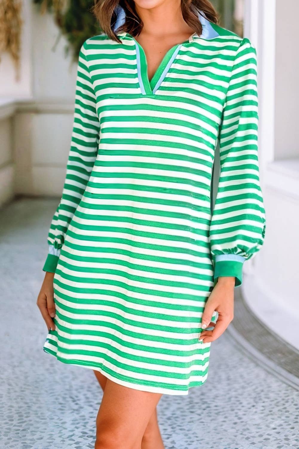 Green Striped Pop Color Neckline Long Sleeve Dress: Green