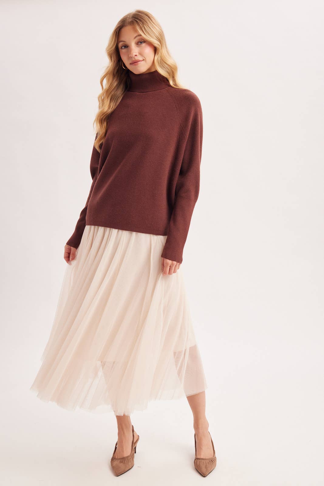 TURTLE NECK BATWING SLEEVED PULLOVER KNIT SWEATER: MELANG TAUPE