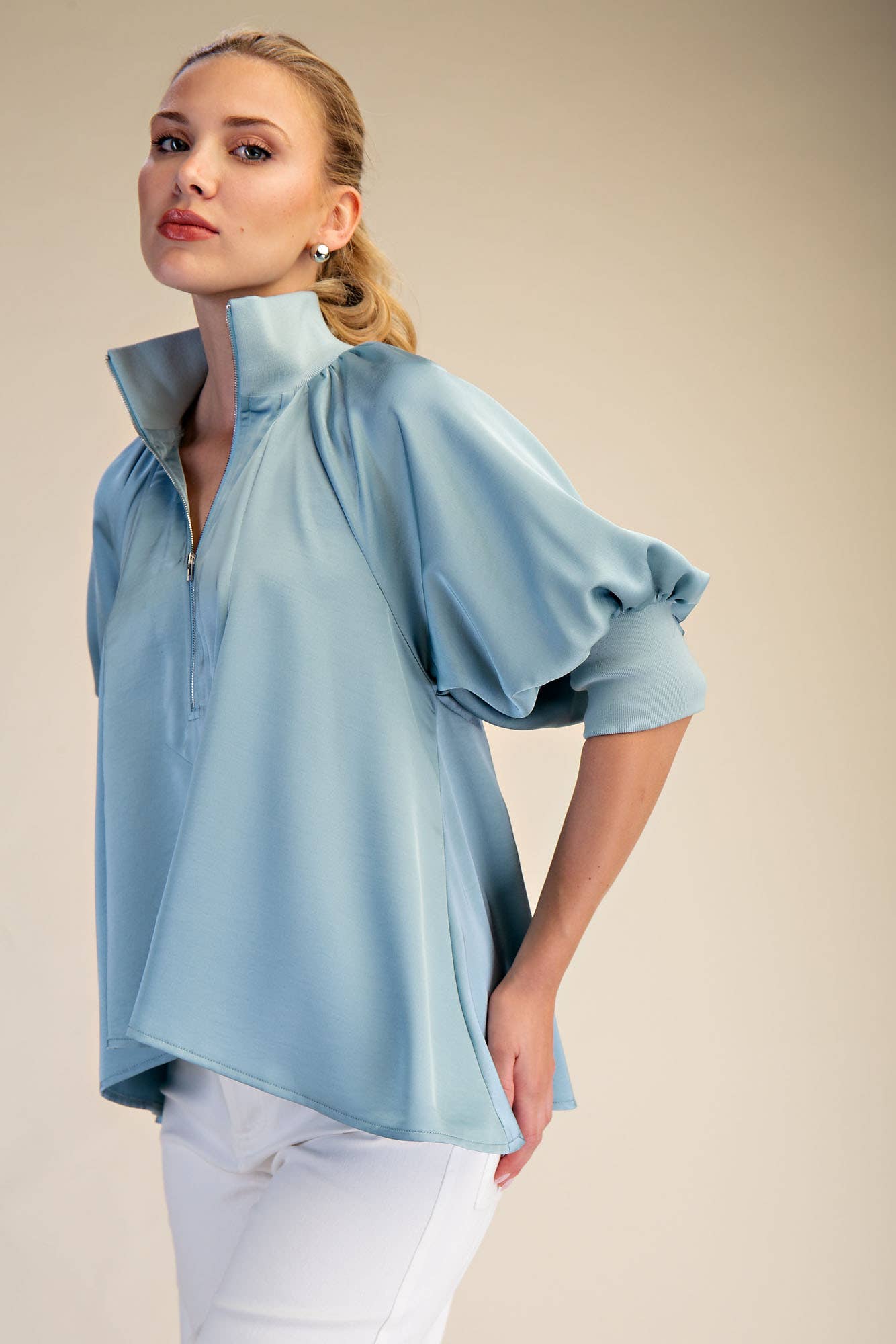 Mock Neck Band Puff Sleeve Elegance Blouse: Light Pink