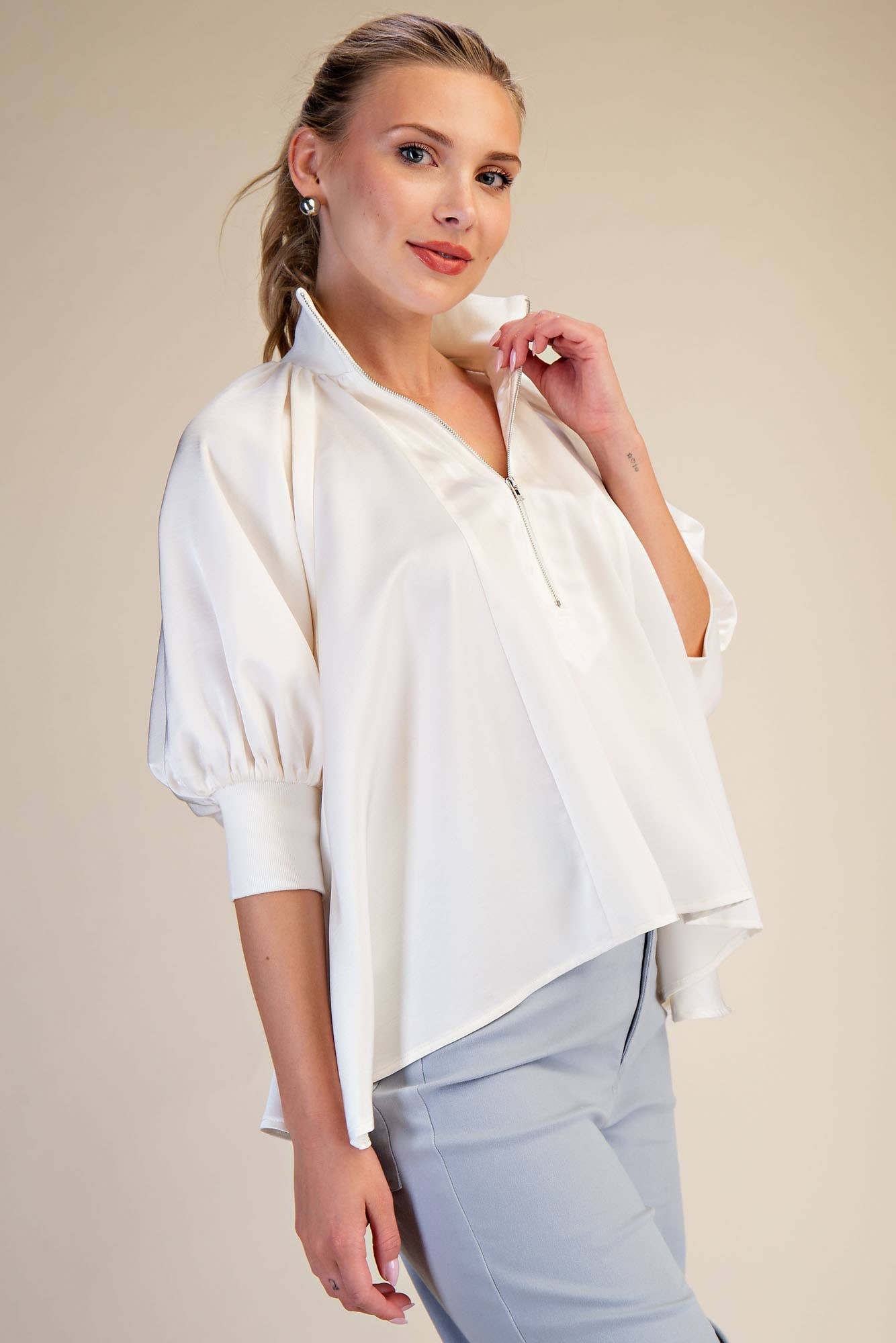 Mock Neck Band Puff Sleeve Elegance Blouse: Light Pink