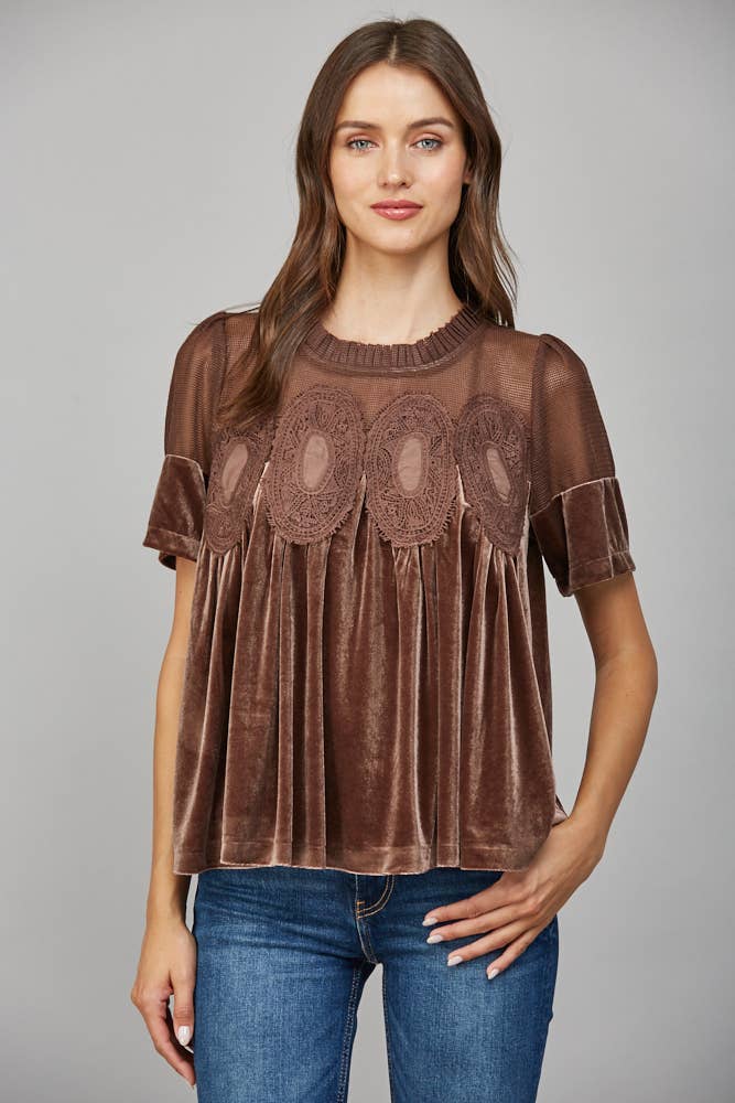 LACE DETAIL VELVET BABYDOLL TOP: WOODROSE
