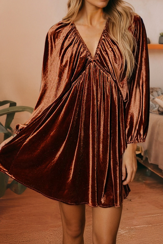 Elastic V Neck Puff Sleeve Short Velvet Dress: Clay