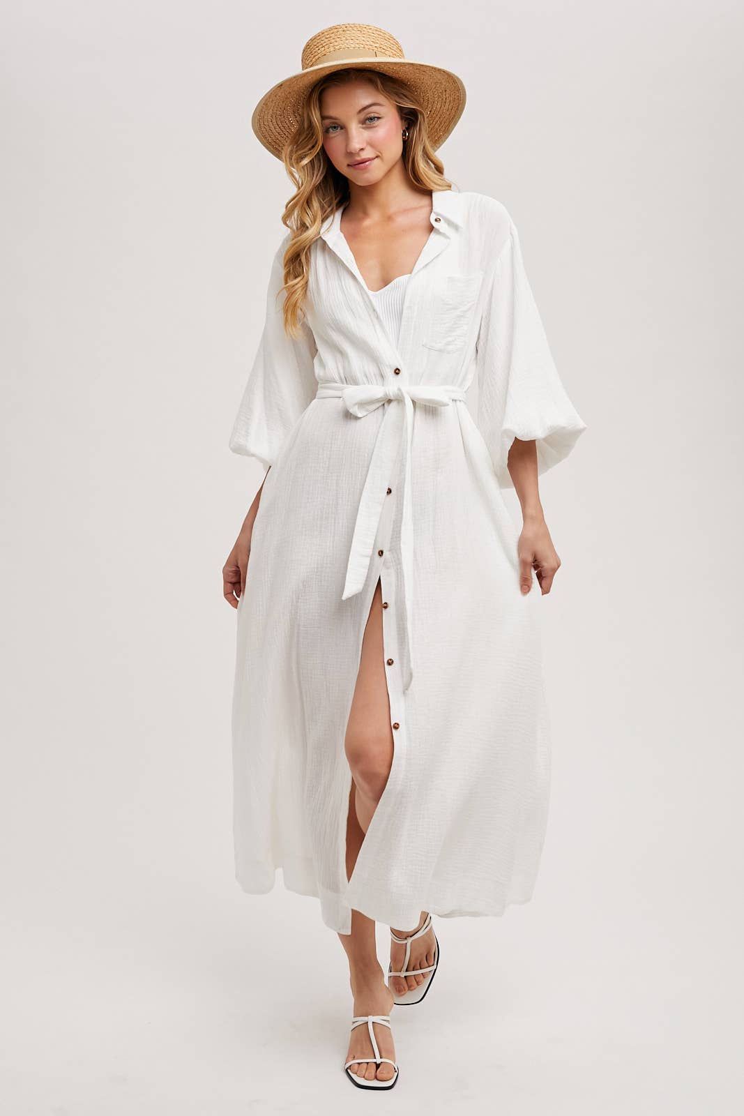 BUBBLE SLEEVE BELTED SHIRTS MIDI DRESS: MUSHROOM