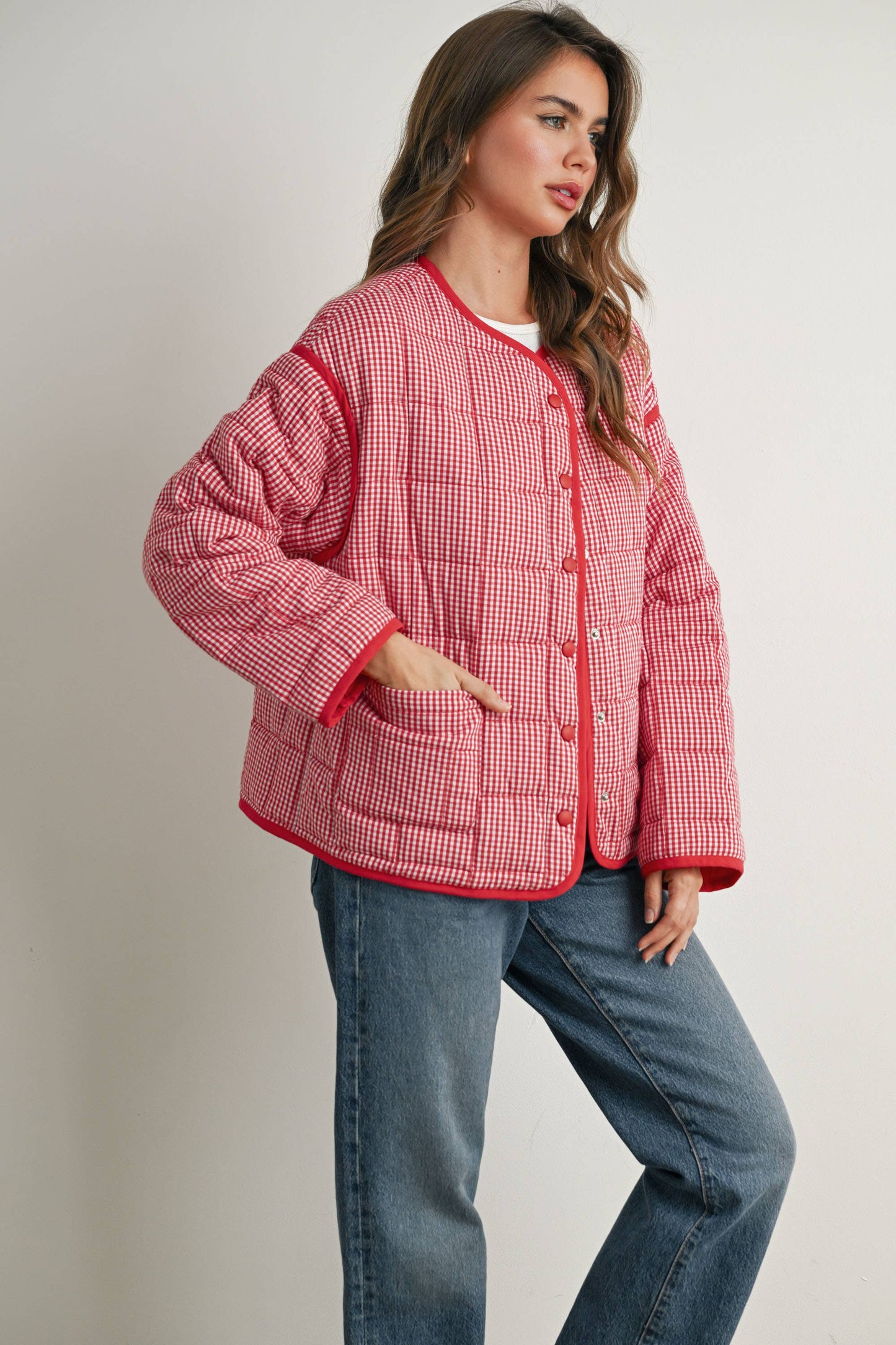 Buttoned Quilted Puffer Jacket -Red