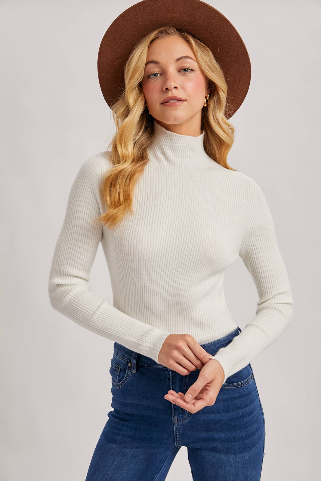 WHOLEGARMENT MOCK NECK RIBBED KNIT TOP: Black / L