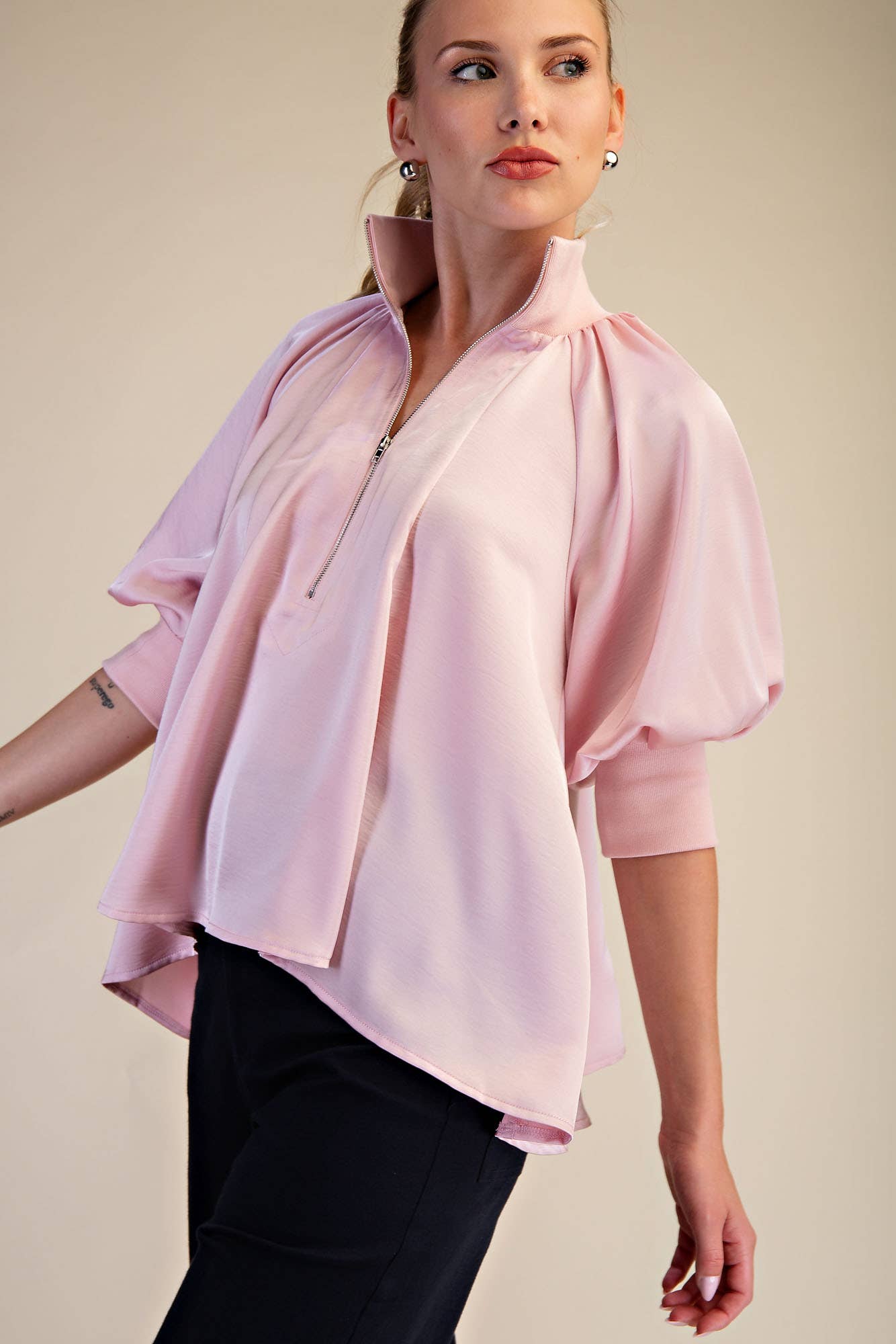 Mock Neck Band Puff Sleeve Elegance Blouse: Light Pink