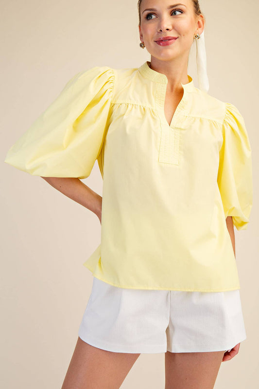 China Collar V-Neck Bubble Sleeve Poplin Top: Butter Yellow