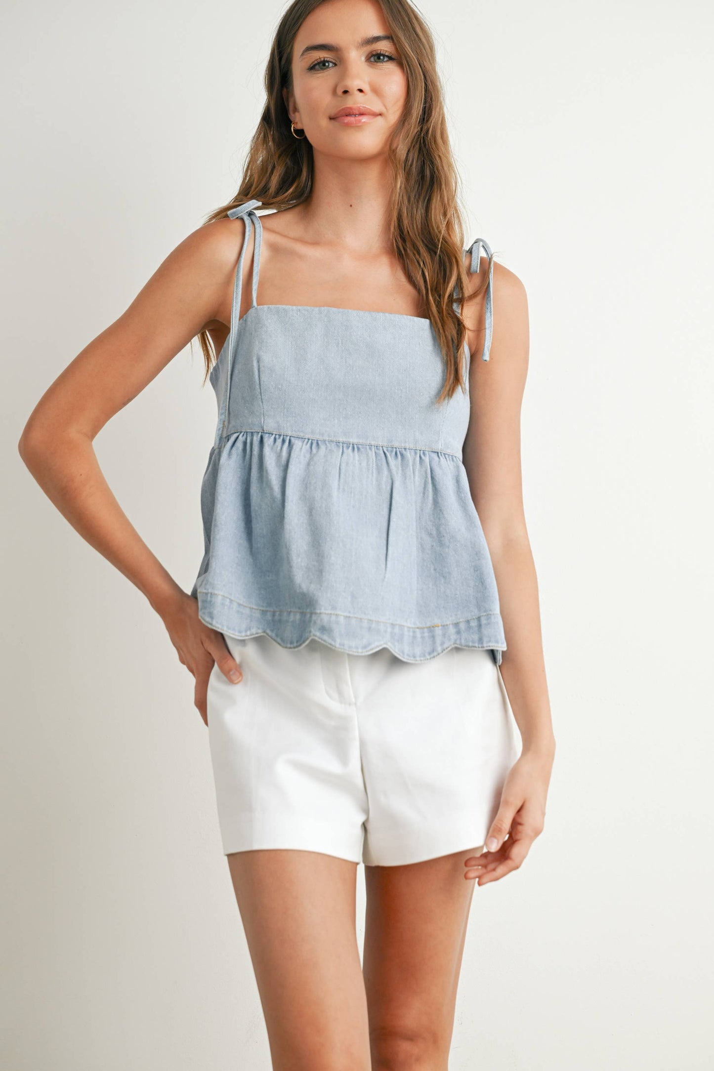 Denim Tie-Strap Peplum Top: LIGHT BLUE
