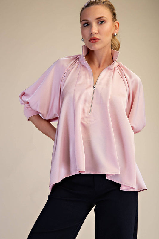 Mock Neck Band Puff Sleeve Elegance Blouse: Light Pink