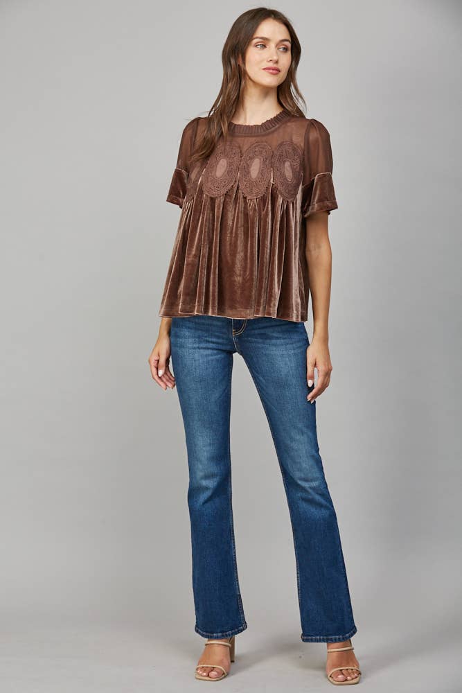 LACE DETAIL VELVET BABYDOLL TOP: WOODROSE