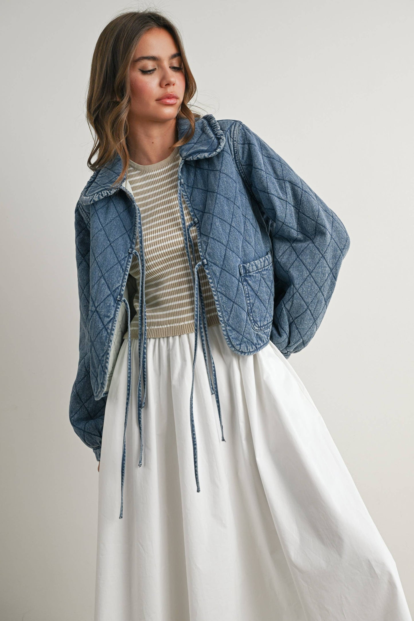Quilted Long Sleeve Tie-Front Jacket - DENIM
