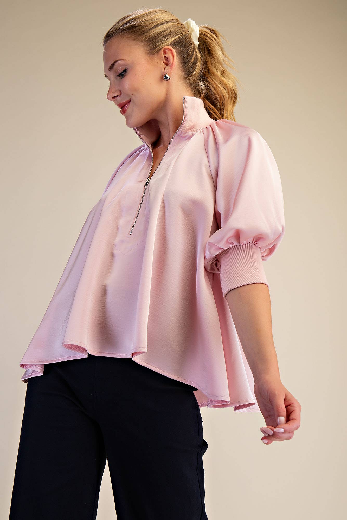 Mock Neck Band Puff Sleeve Elegance Blouse: Light Pink