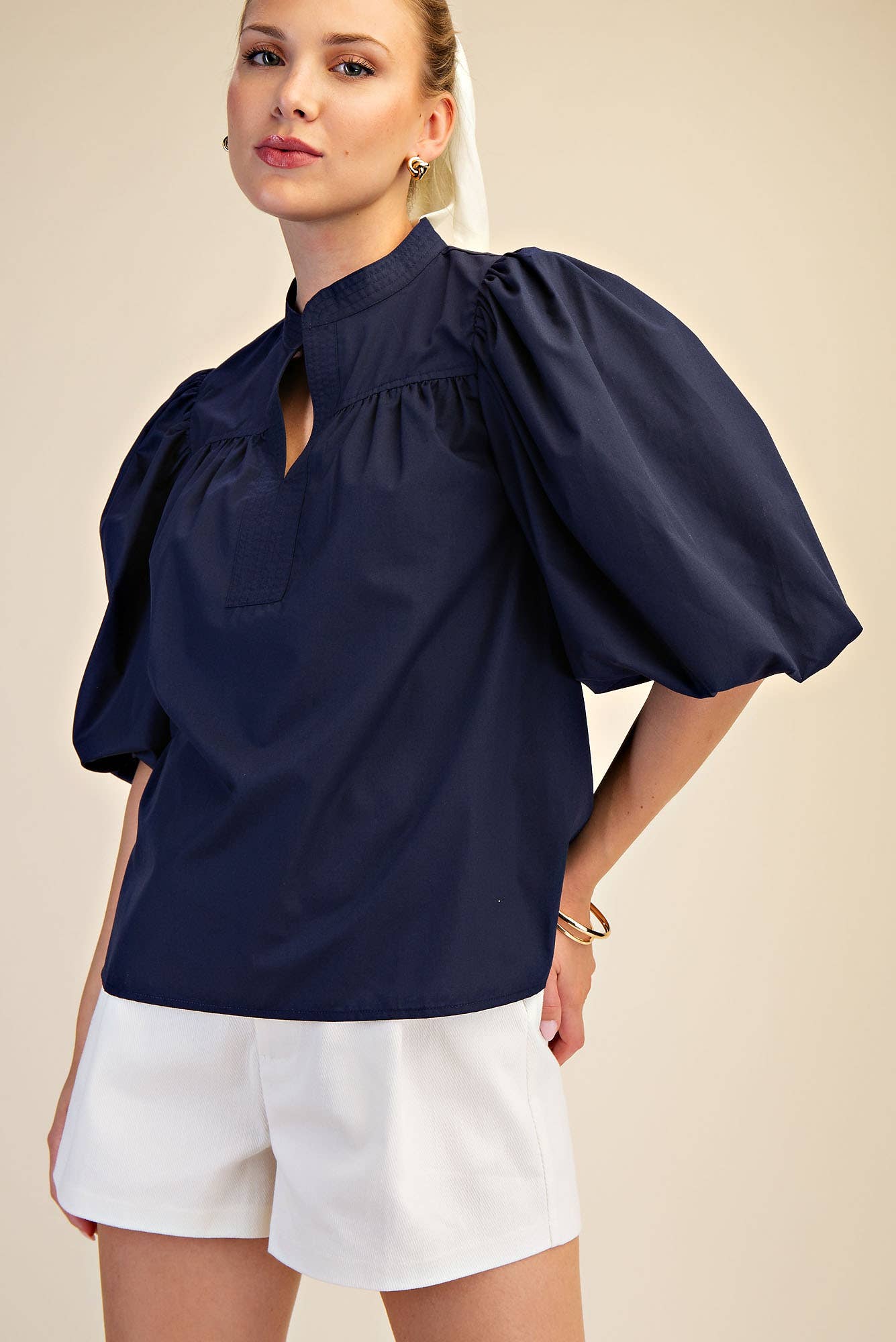 China Collar V-Neck Bubble Sleeve Poplin Top: Butter Yellow