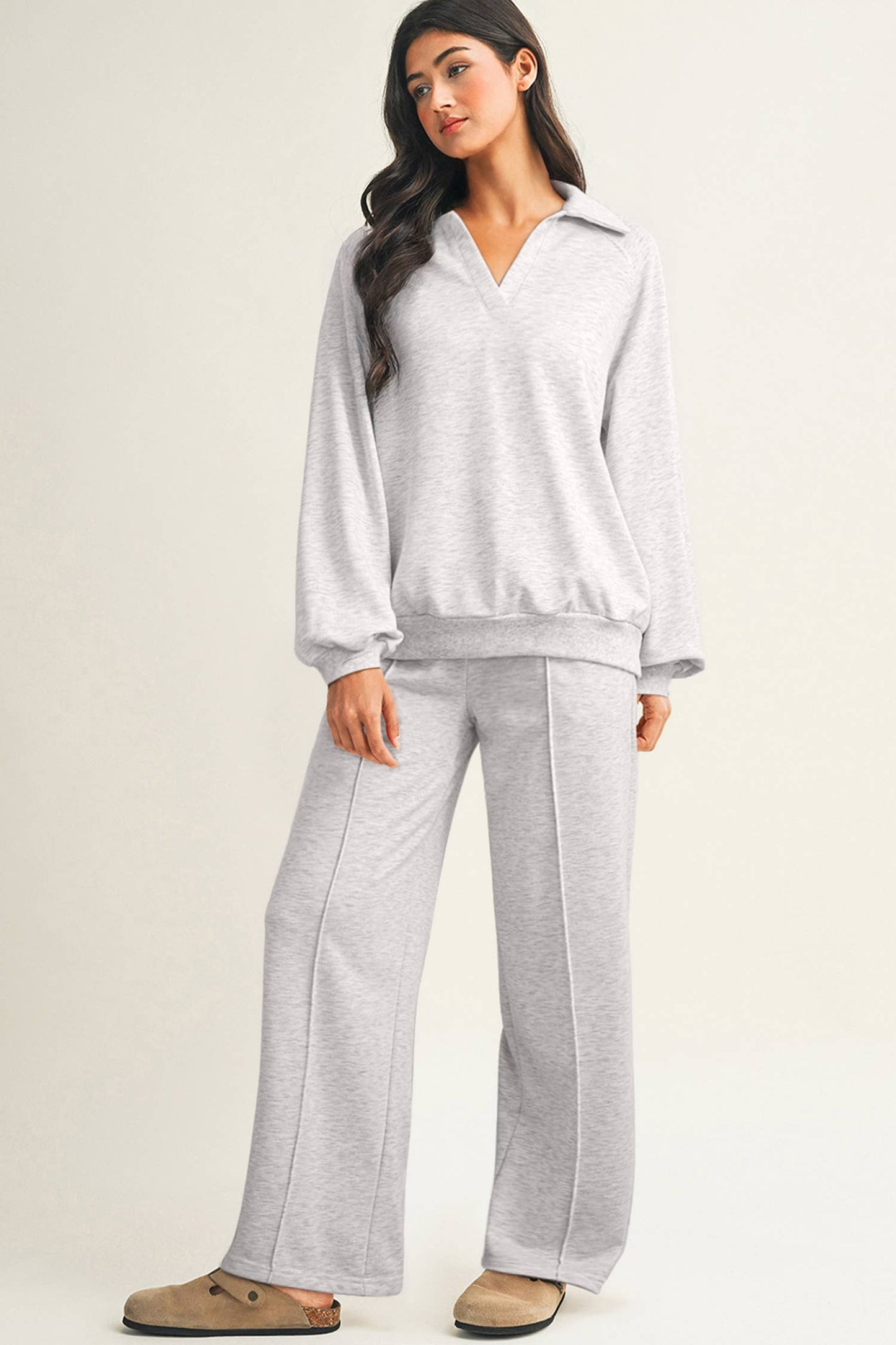 Collar V Neck Pullover and Drawstring Sweatpants Set: Dark Khaki