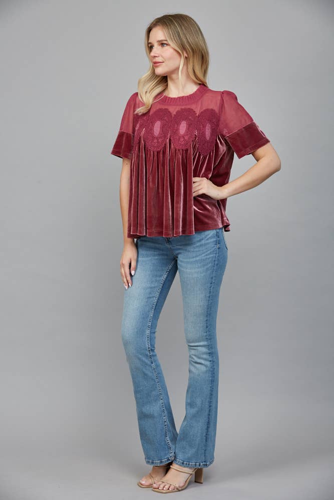 LACE DETAIL VELVET BABYDOLL TOP: WOODROSE
