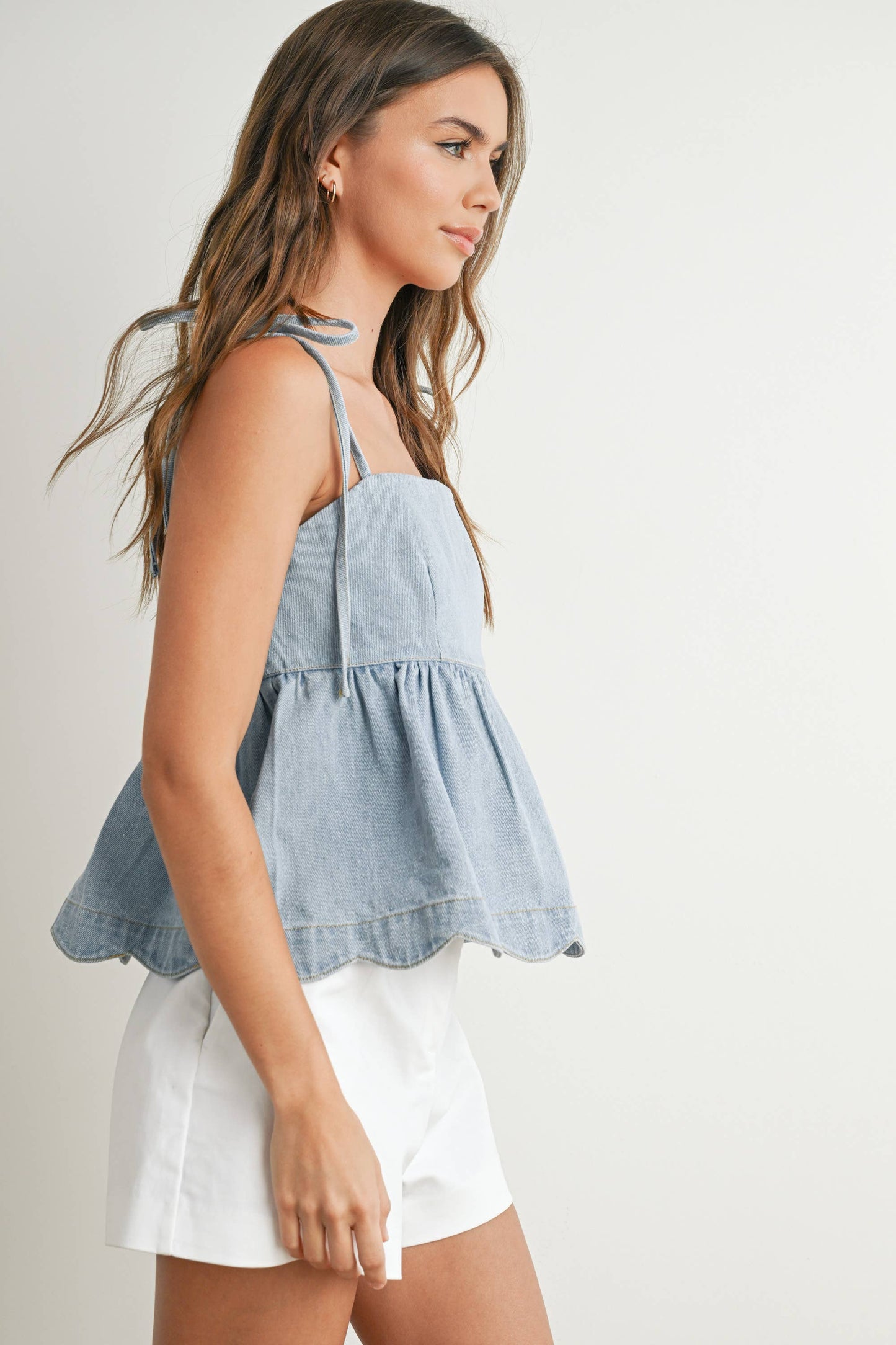 Denim Tie-Strap Peplum Top: LIGHT BLUE