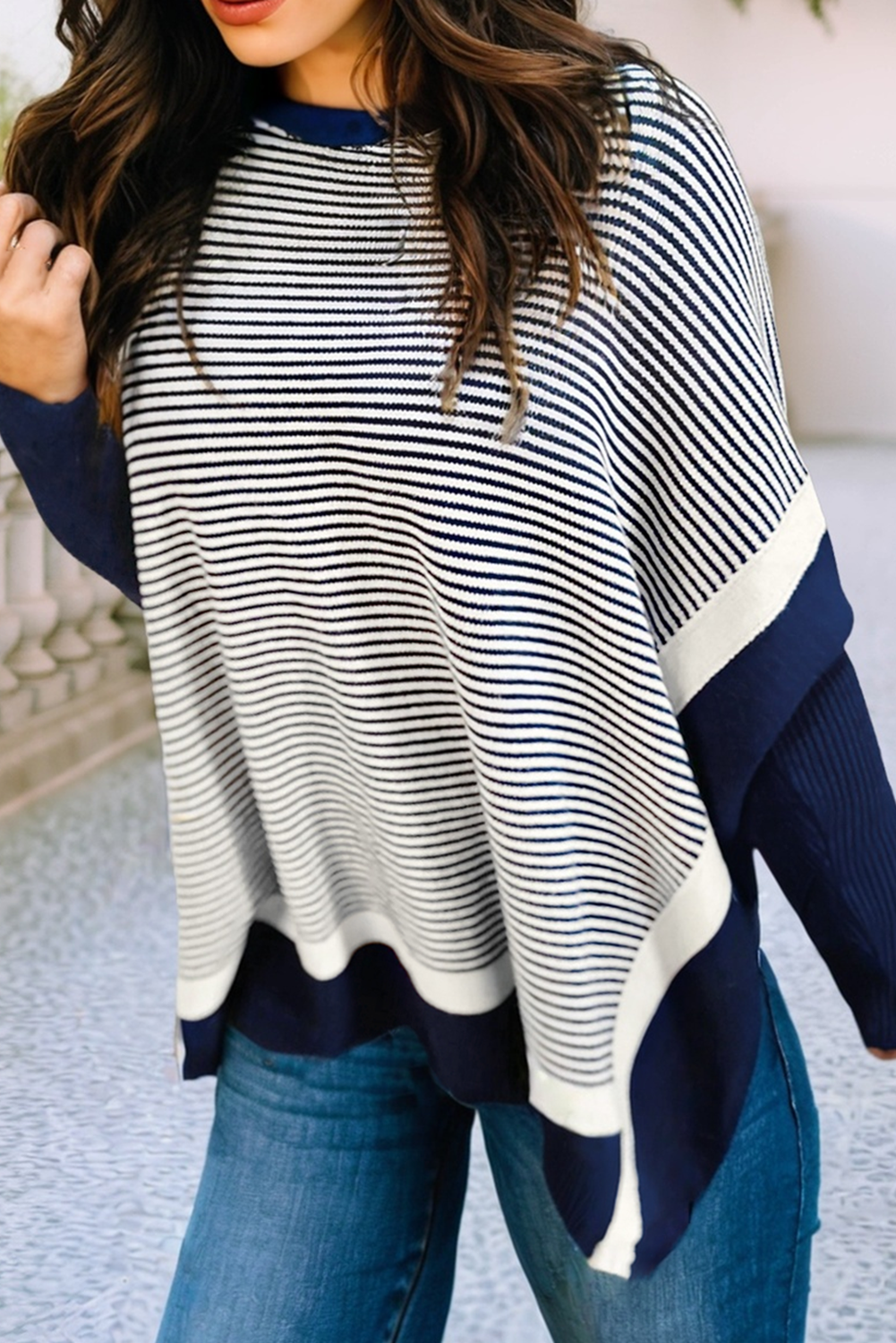 Color Block Patchwork Dolman Oversize Tunic Sweater: Blue