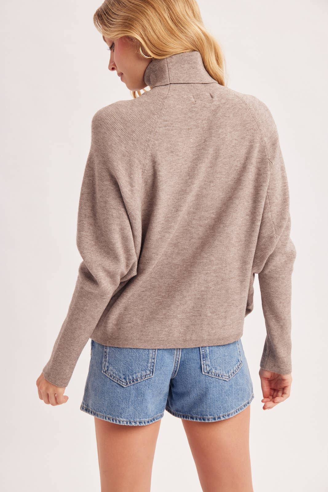 TURTLE NECK BATWING SLEEVED PULLOVER KNIT SWEATER: MELANG TAUPE