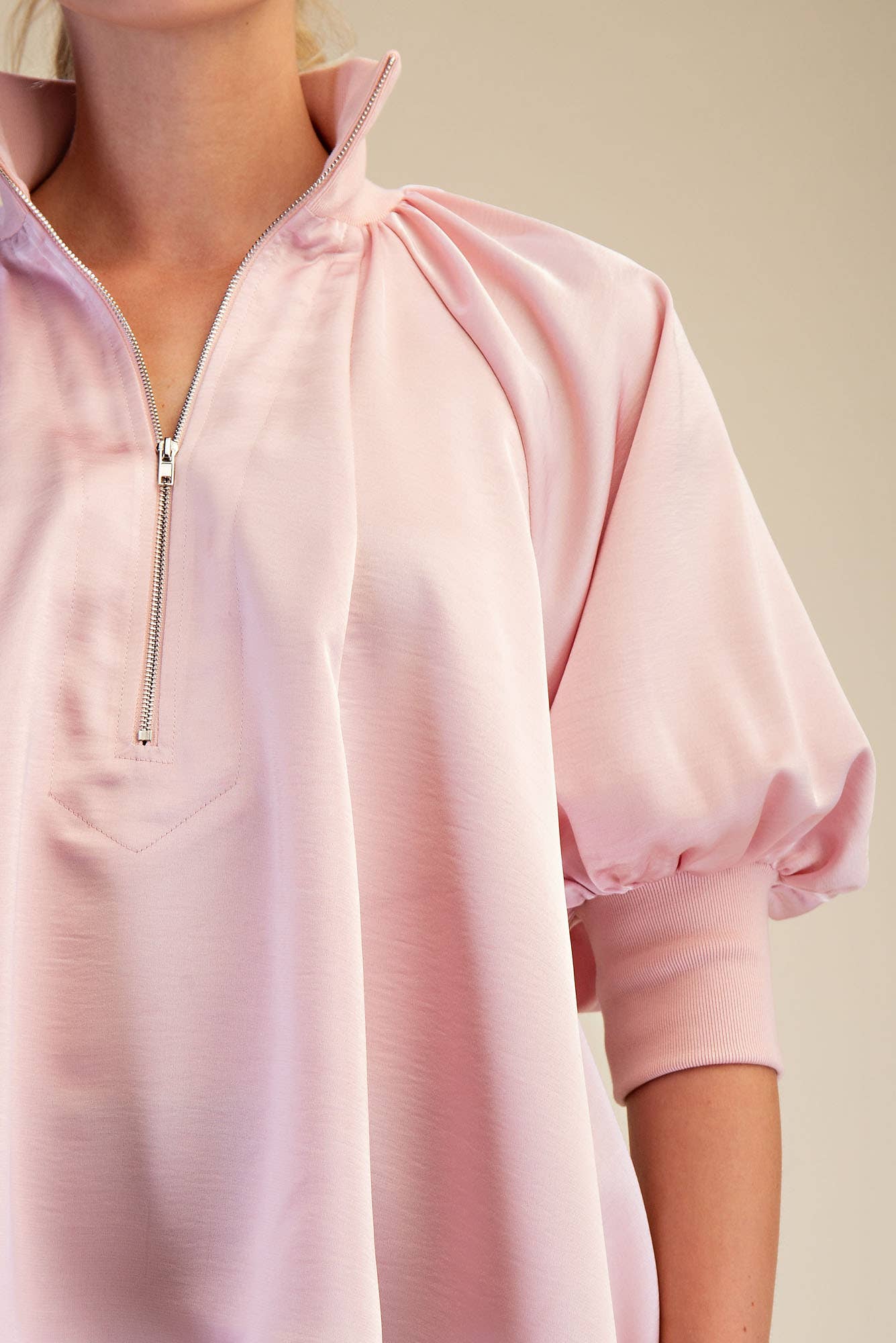 Mock Neck Band Puff Sleeve Elegance Blouse: Light Pink