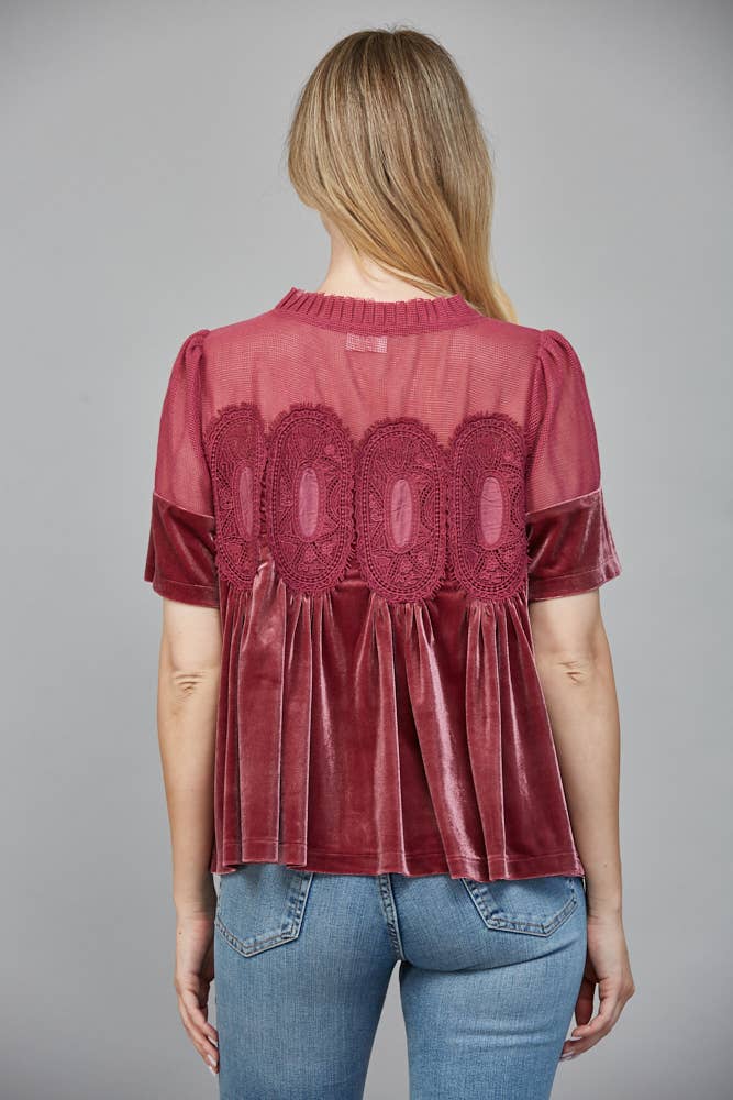 LACE DETAIL VELVET BABYDOLL TOP: WOODROSE