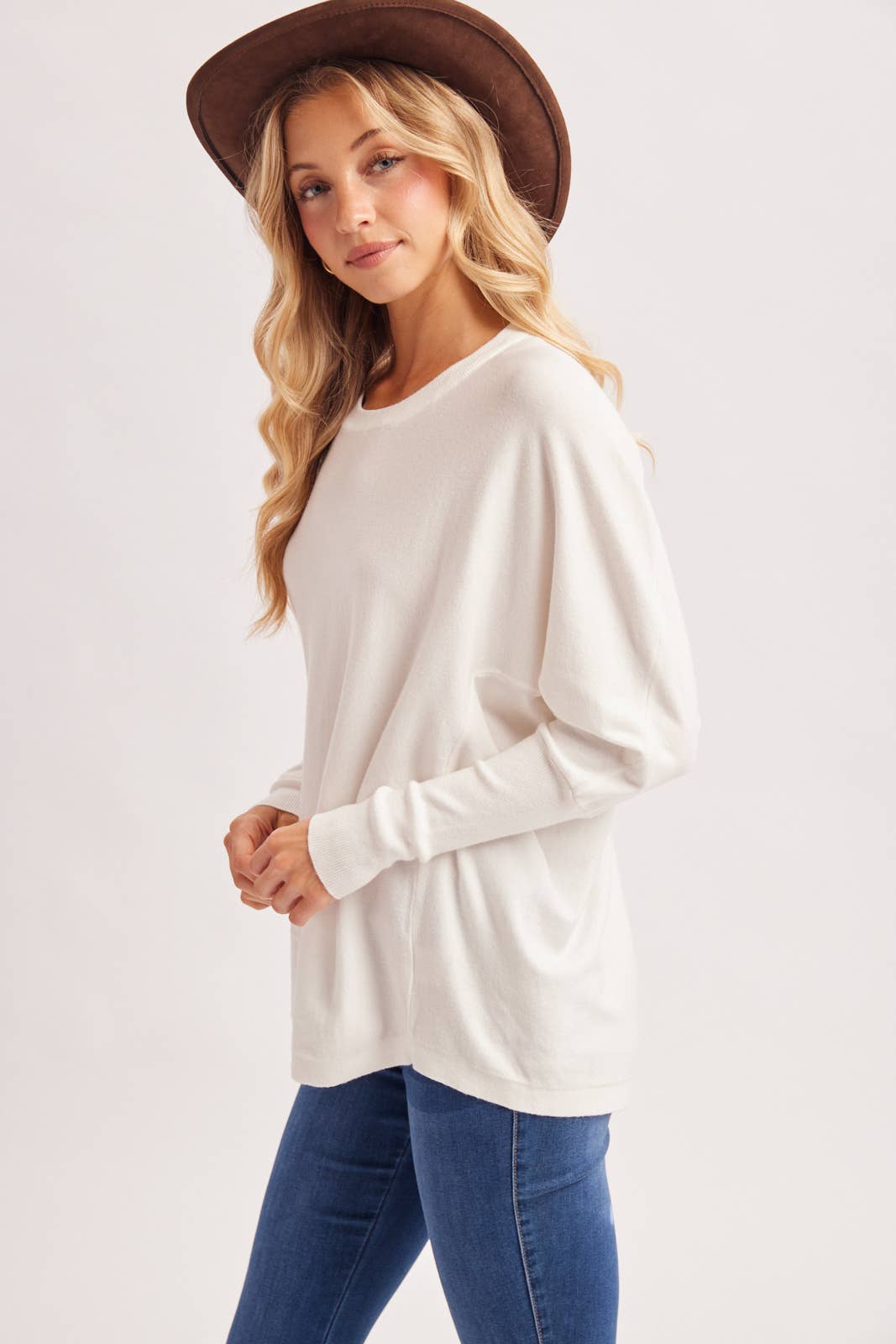 OVERSIZED BOXY DOLMAN SLEEVE SWEATER KNIT PULLOVER: IVORY