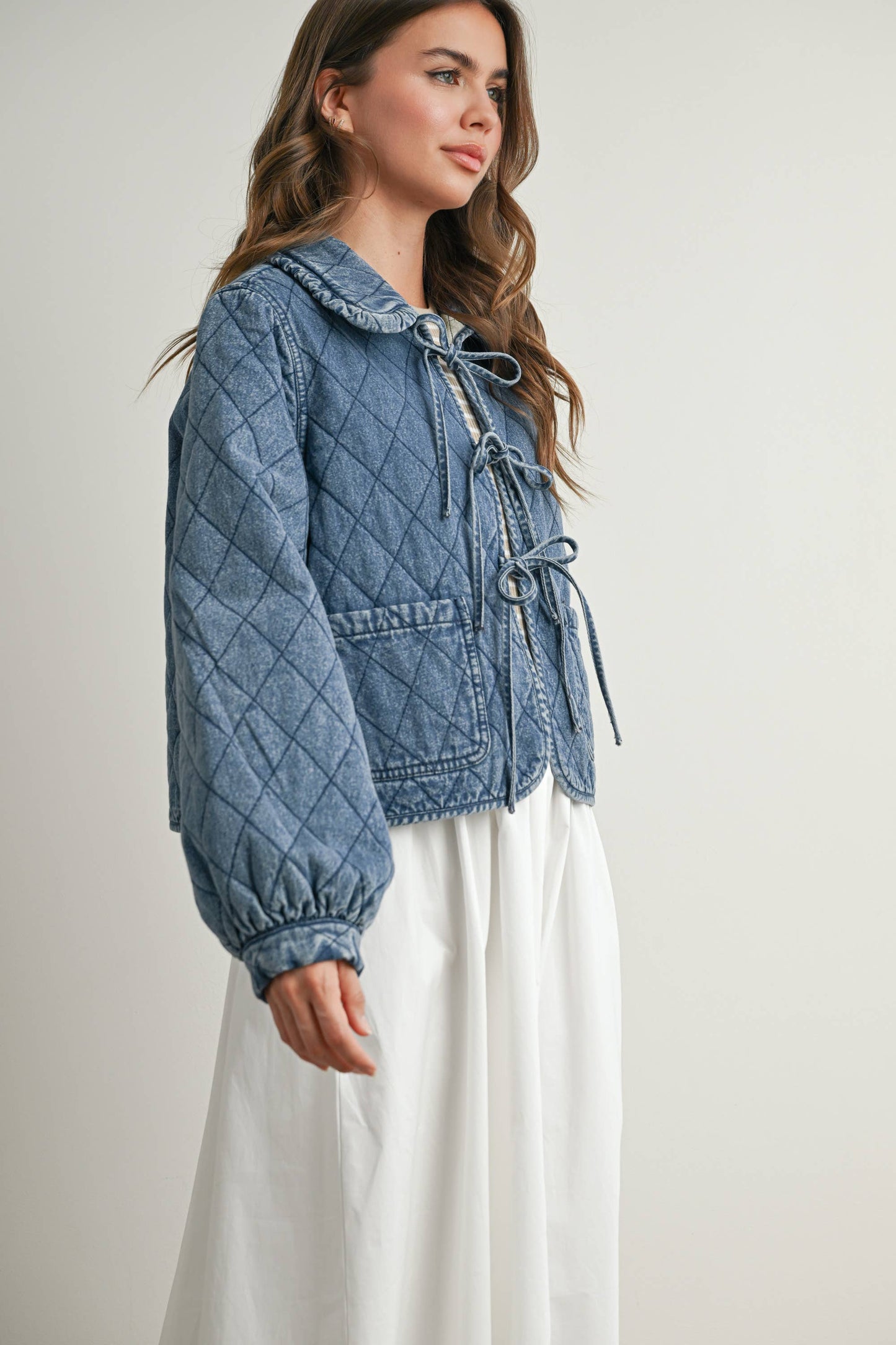 Quilted Long Sleeve Tie-Front Jacket - DENIM