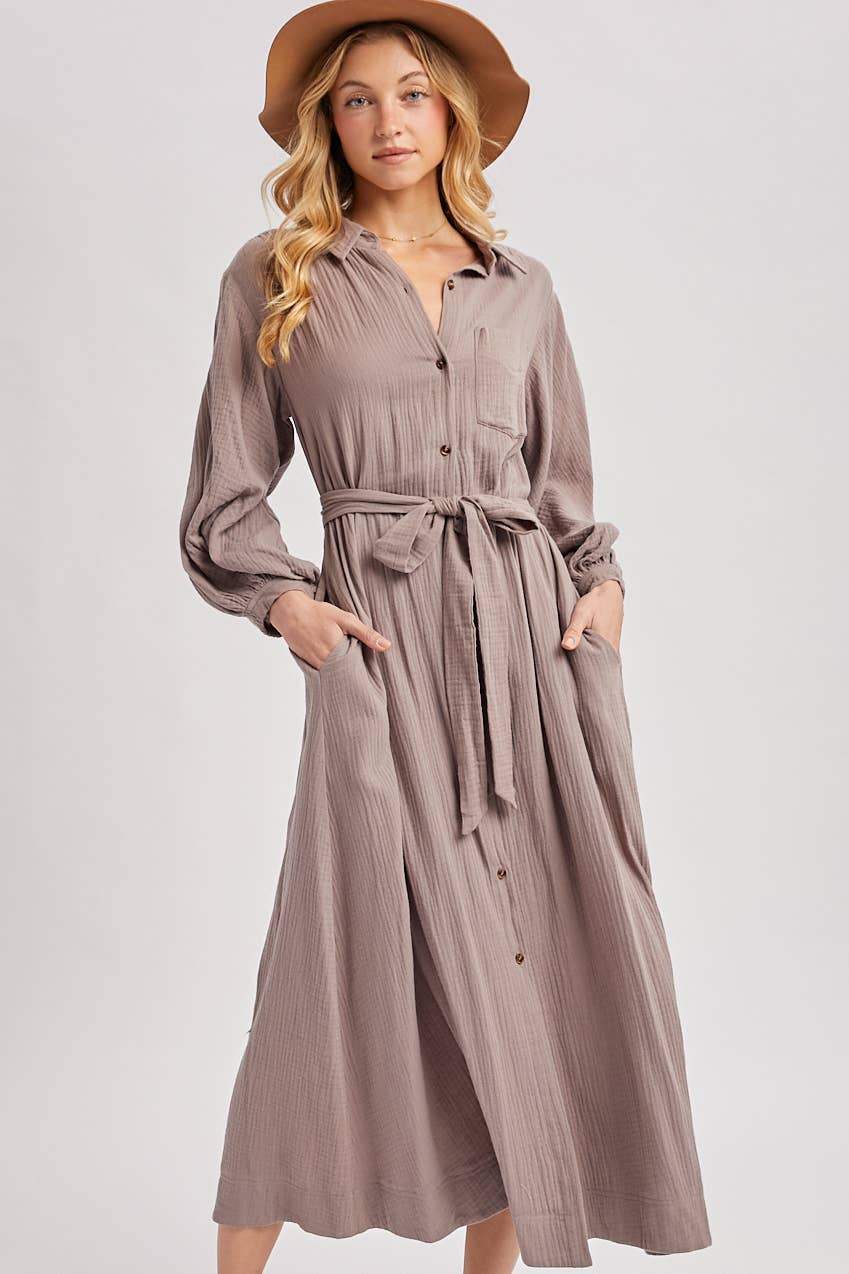 BUBBLE SLEEVE BELTED SHIRTS MIDI DRESS: MUSHROOM