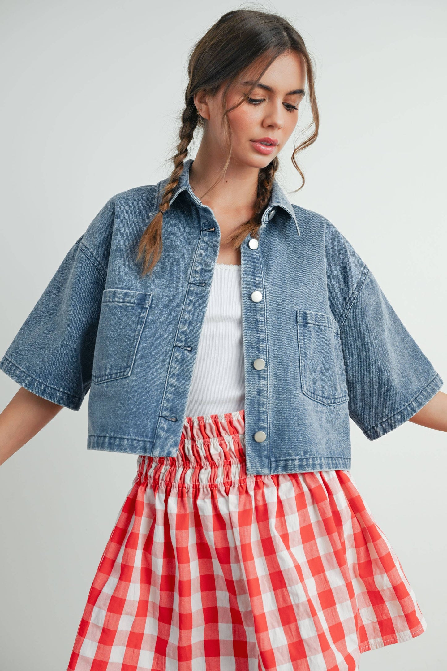 Button Front Cropped Shirt: DENIM