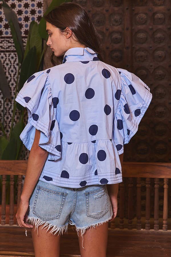 Ruffle Sleeves Pintuck Detail Polka Dot Print top: CREAM/BLACK