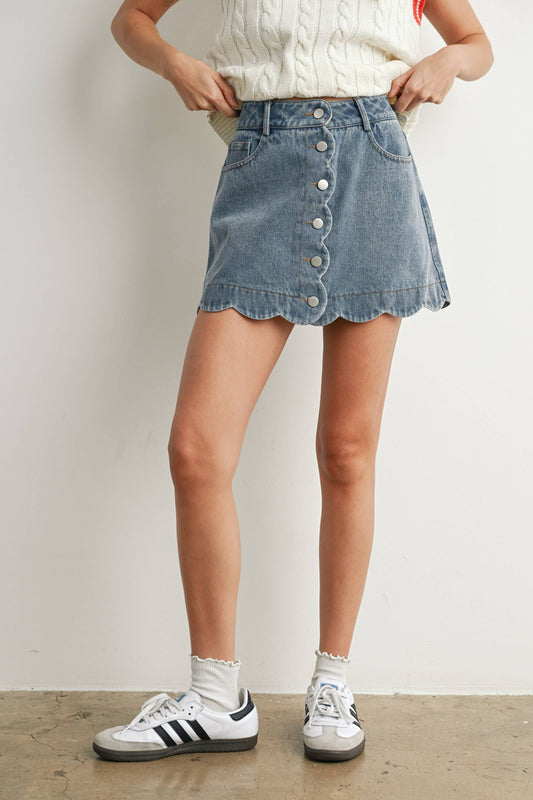Buttoned Scallop Denim Skirt - DENIM