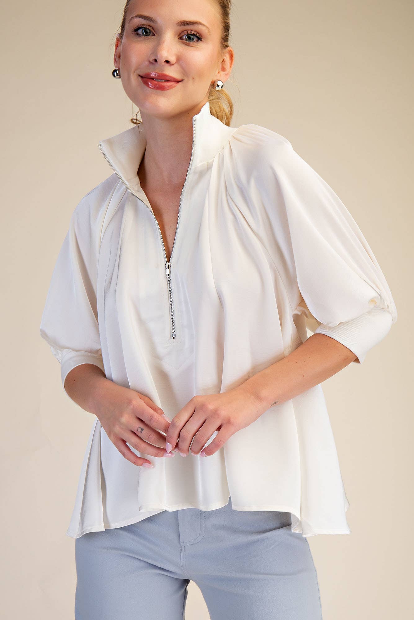 Mock Neck Band Puff Sleeve Elegance Blouse: Light Pink