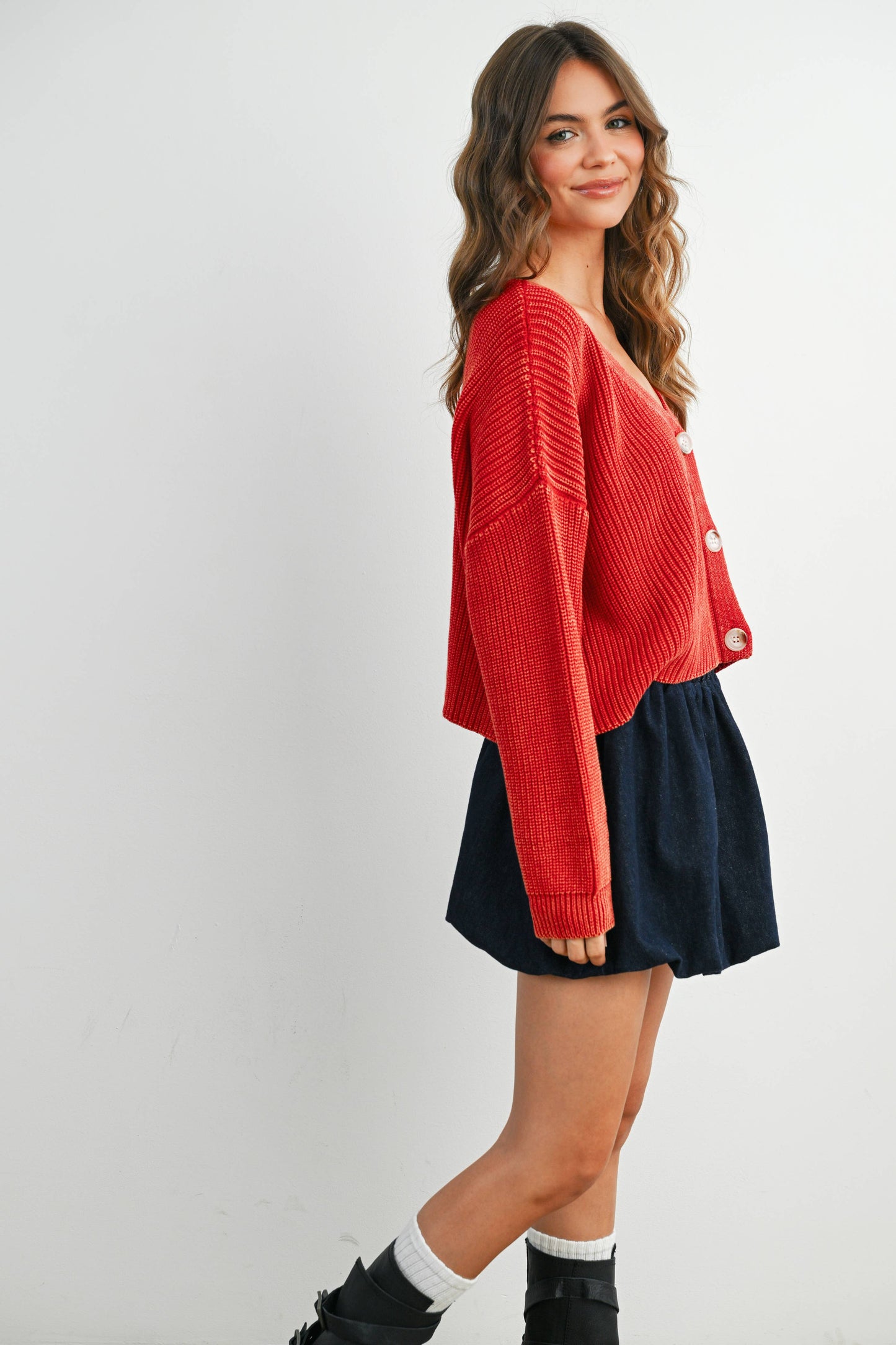 V-Neck Buttoned Ribbed Long Sleeve Cardigan