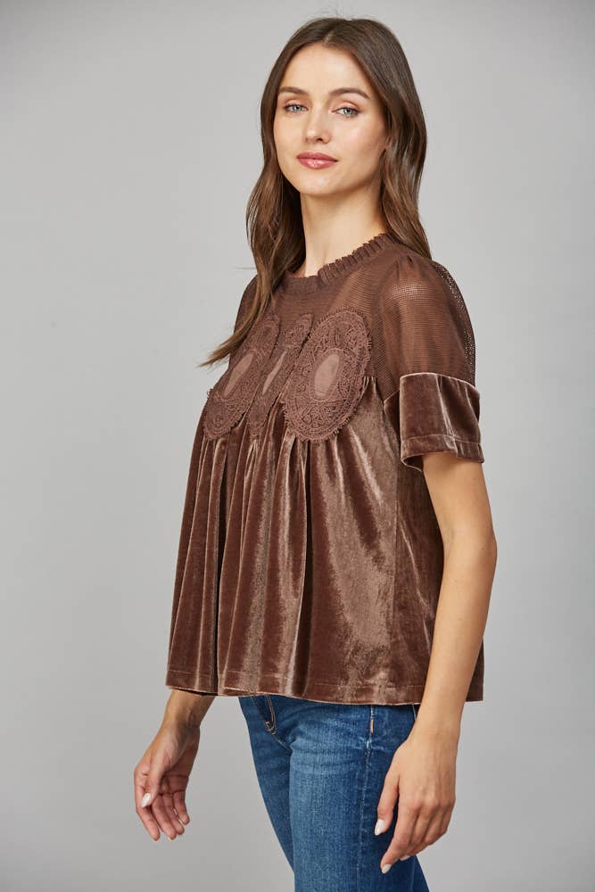 LACE DETAIL VELVET BABYDOLL TOP: WOODROSE