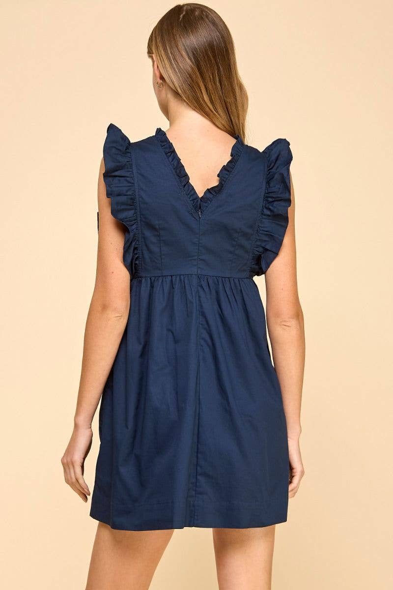 Ruffle Detail V Neckline Back Hidden Zipper Dress: NAVY